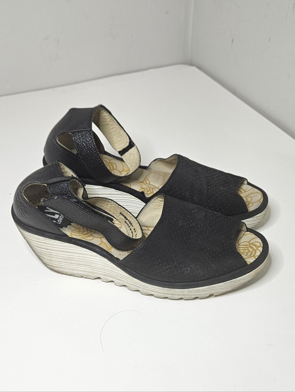 FLY London Yake perforated black leather wedge sandals White Sole 40 9.5